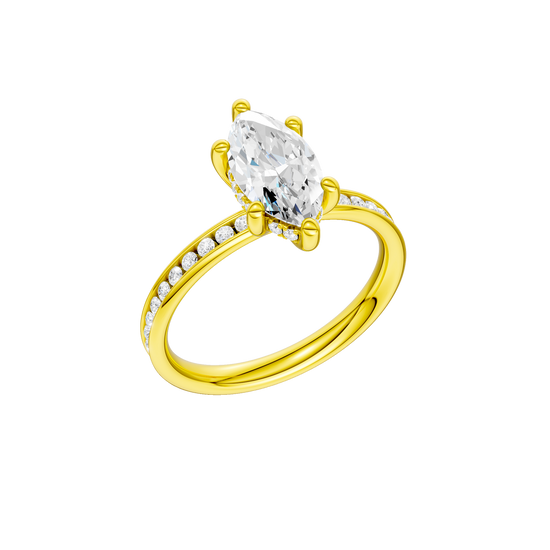 A three-quarter view of the Marquise cut diamond engagement ring in 14k yellow gold with a diamond channel band and cathedral setting