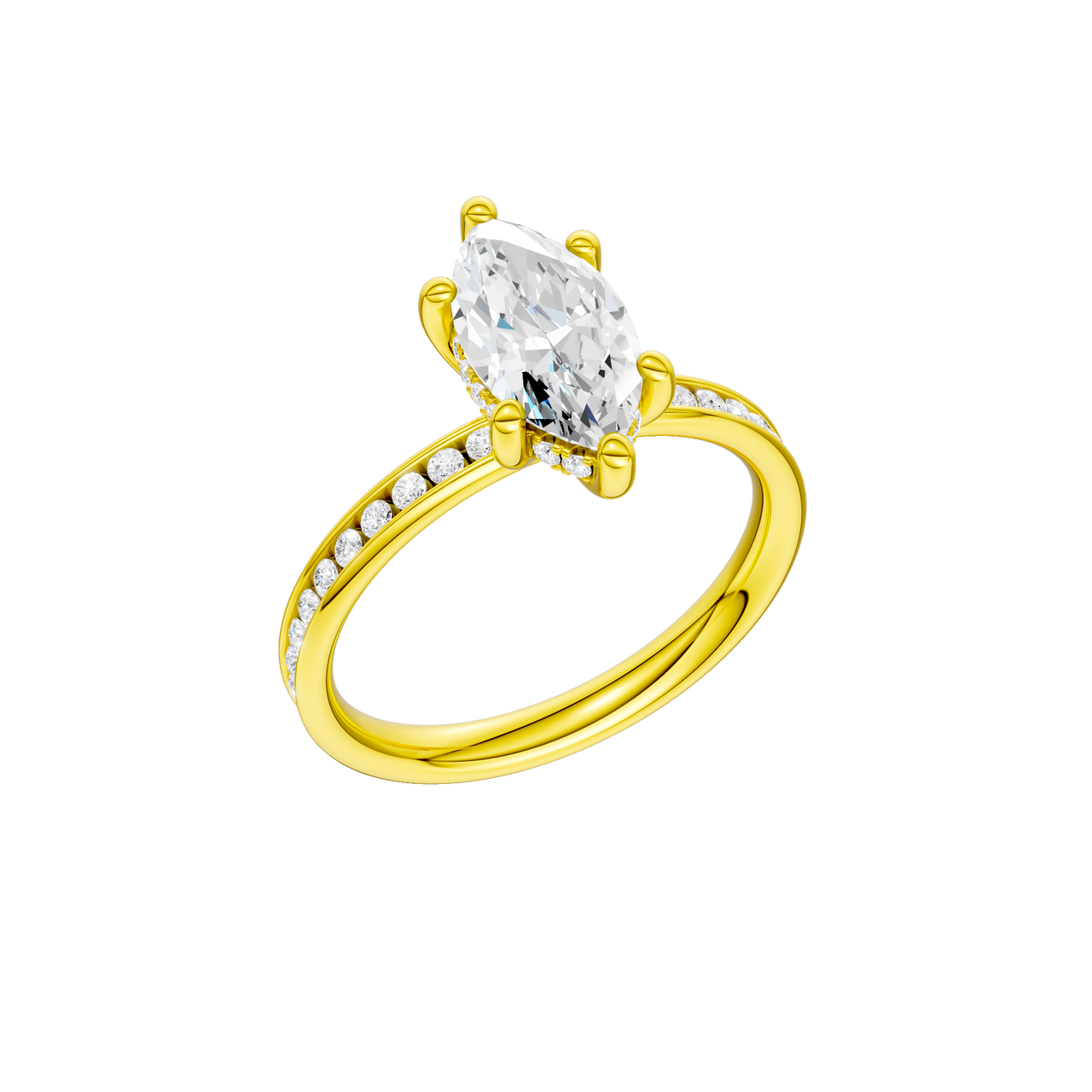 A three-quarter view of the Marquise cut diamond engagement ring in 14k yellow gold with a diamond channel band and cathedral setting
