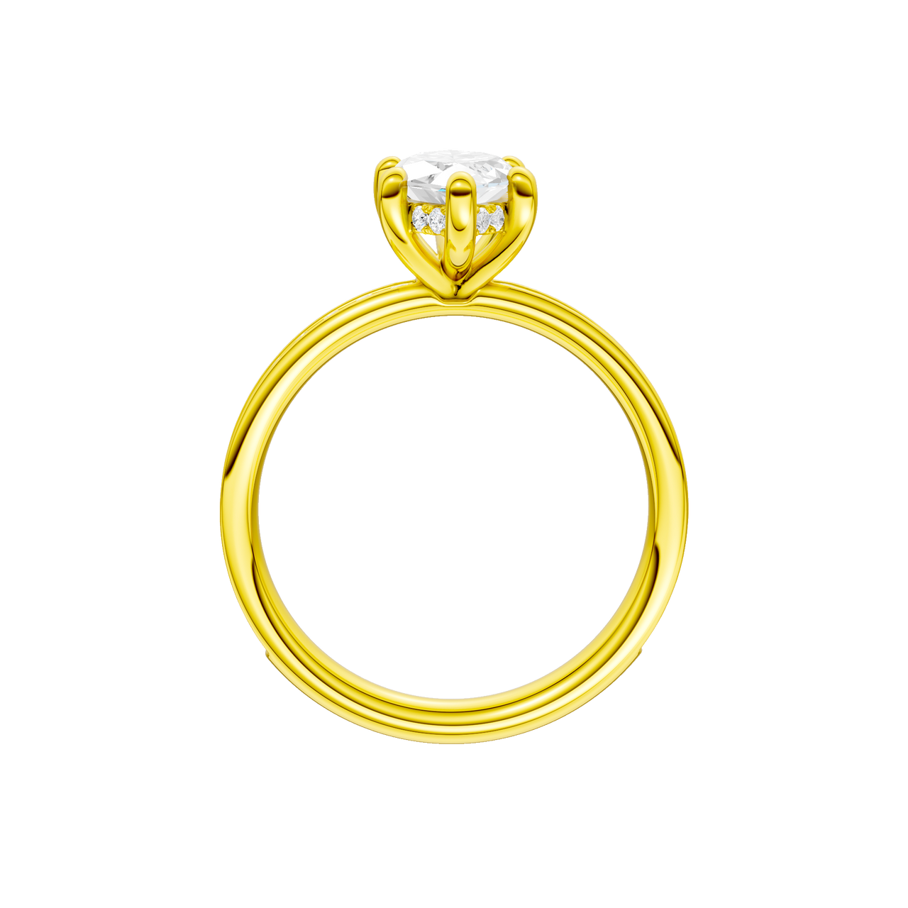A profile view of the Marquise cut diamond engagement ring in 14k yellow gold with a diamond channel band and cathedral setting