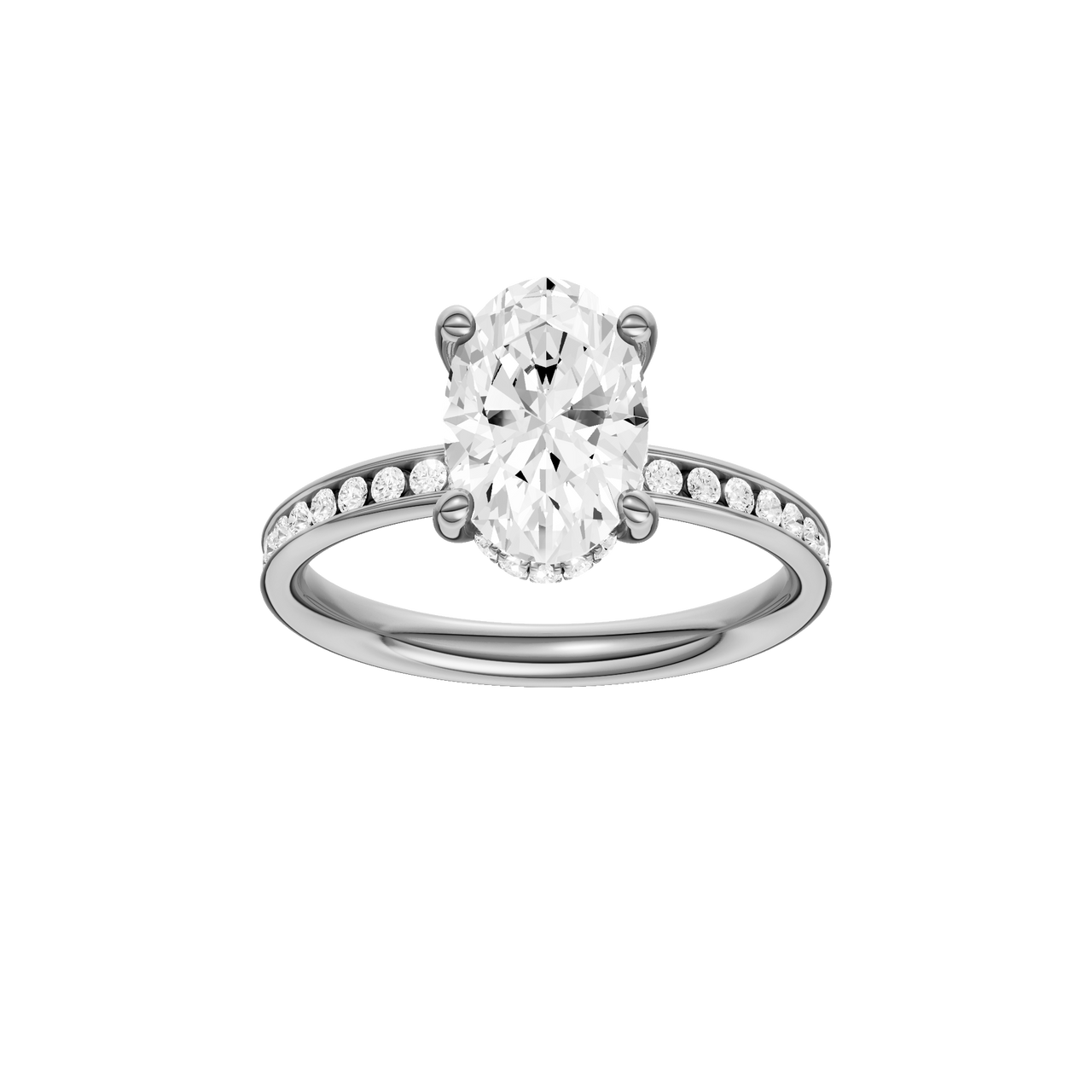 A front view of the Oval cut diamond engagement ring in platinum with a diamond channel band and cathedral setting