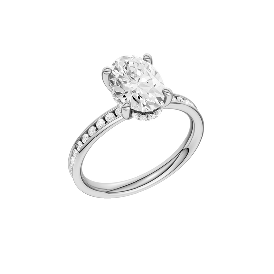 A three-quarter view of the Oval cut diamond engagement ring in platinum with a diamond channel band and cathedral setting