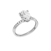 A three-quarter view of the Oval cut diamond engagement ring in platinum with a diamond channel band and cathedral setting