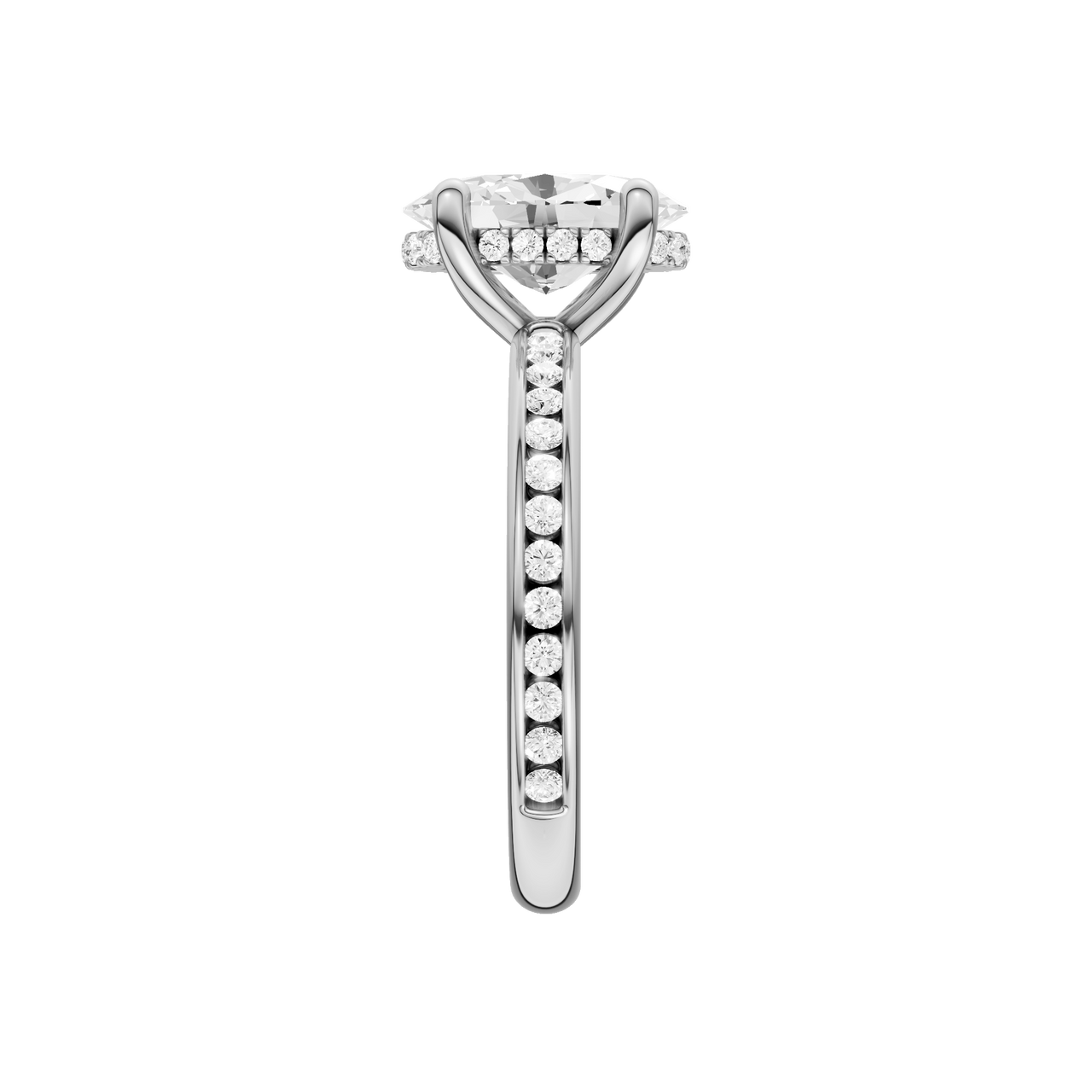 A side view of the Oval cut diamond engagement ring in 14k white gold with a diamond channel band and cathedral setting