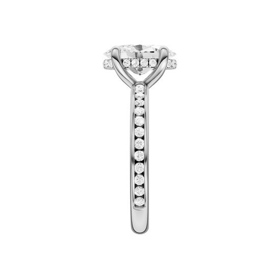 A side view of the Oval cut diamond engagement ring in platinum with a diamond channel band and cathedral setting