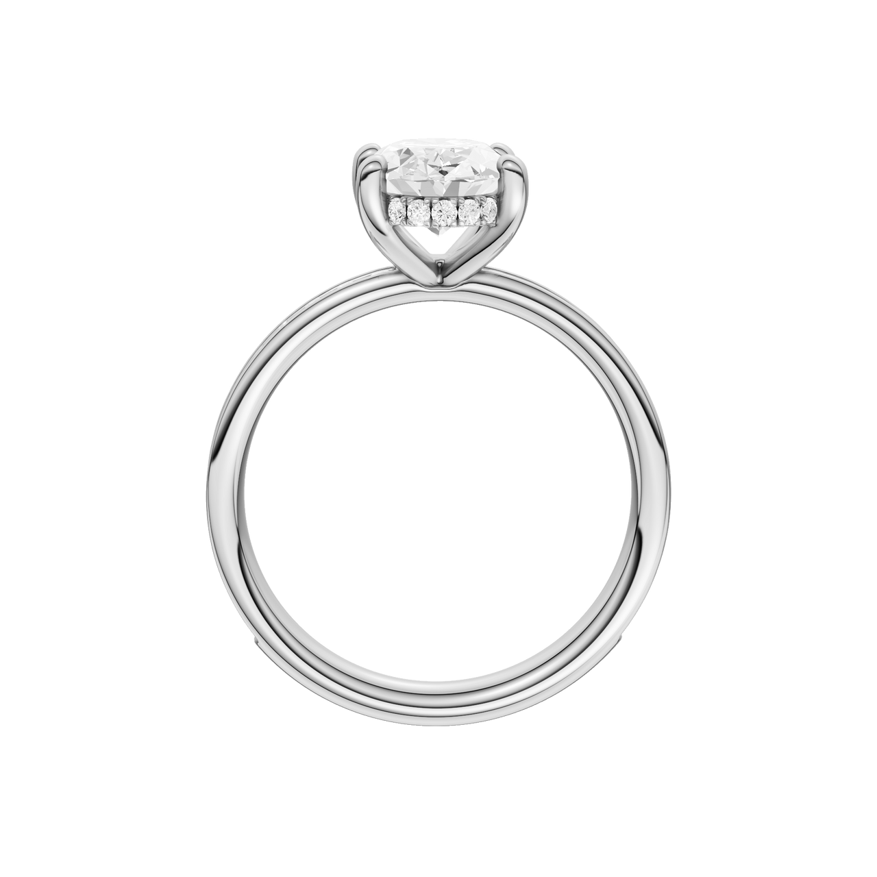 A profile view of the Oval cut diamond engagement ring in 14k white gold with a diamond channel band and cathedral setting