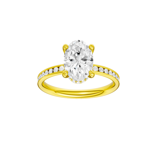 A front view of the Oval cut diamond engagement ring in 14k yellow gold with a diamond channel band and cathedral setting