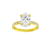 A front view of the Oval cut diamond engagement ring in 14k yellow gold with a diamond channel band and cathedral setting
