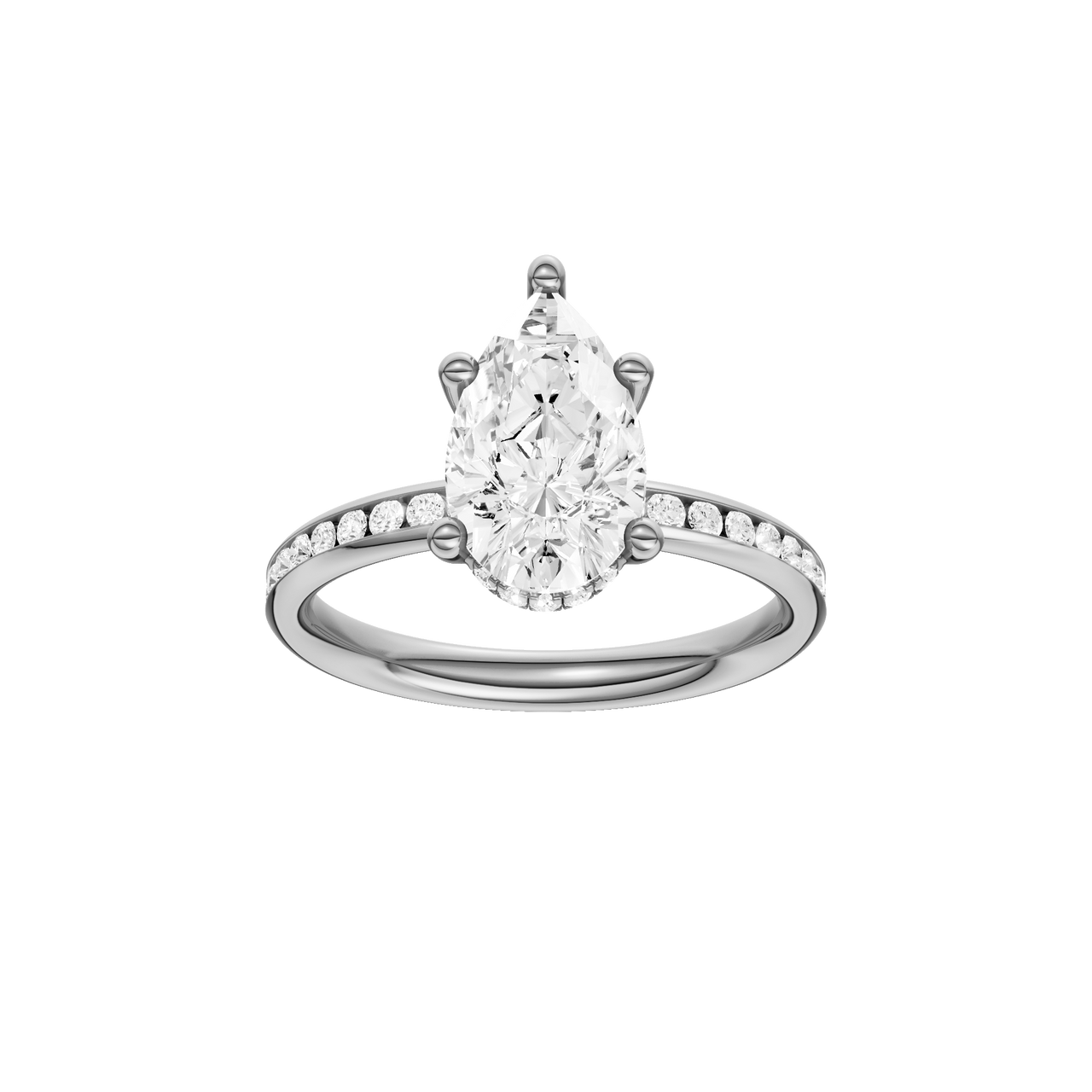 A front view of the Pear cut diamond engagement ring in 14k white gold with a diamond channel band and cathedral setting
