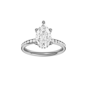 A front view of the Pear cut diamond engagement ring in 14k white gold with a diamond channel band and cathedral setting