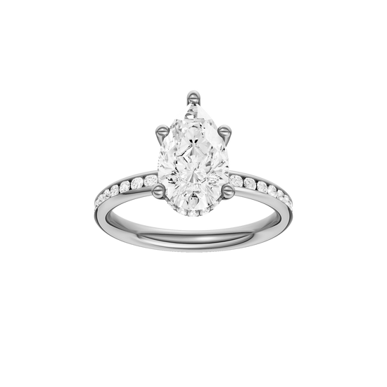 A front view of the Pear cut diamond engagement ring in platinum with a diamond channel band and cathedral setting