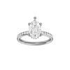 A front view of the Pear cut diamond engagement ring in platinum with a diamond channel band and cathedral setting