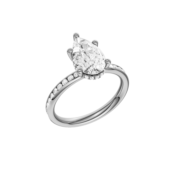 A three-quarter view of the Pear cut diamond engagement ring in platinum with a diamond channel band and cathedral setting