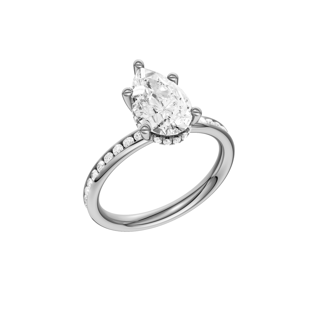 A three-quarter view of the Pear cut diamond engagement ring in platinum with a diamond channel band and cathedral setting