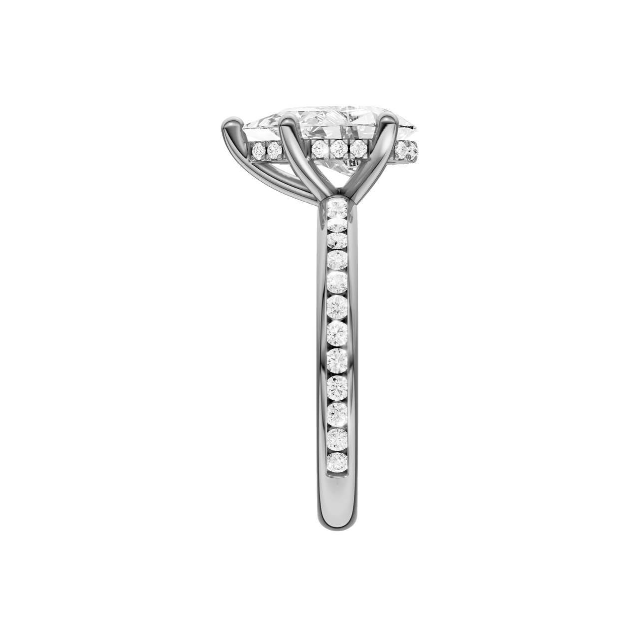 A side view of the Pear cut diamond engagement ring in platinum with a diamond channel band and cathedral setting