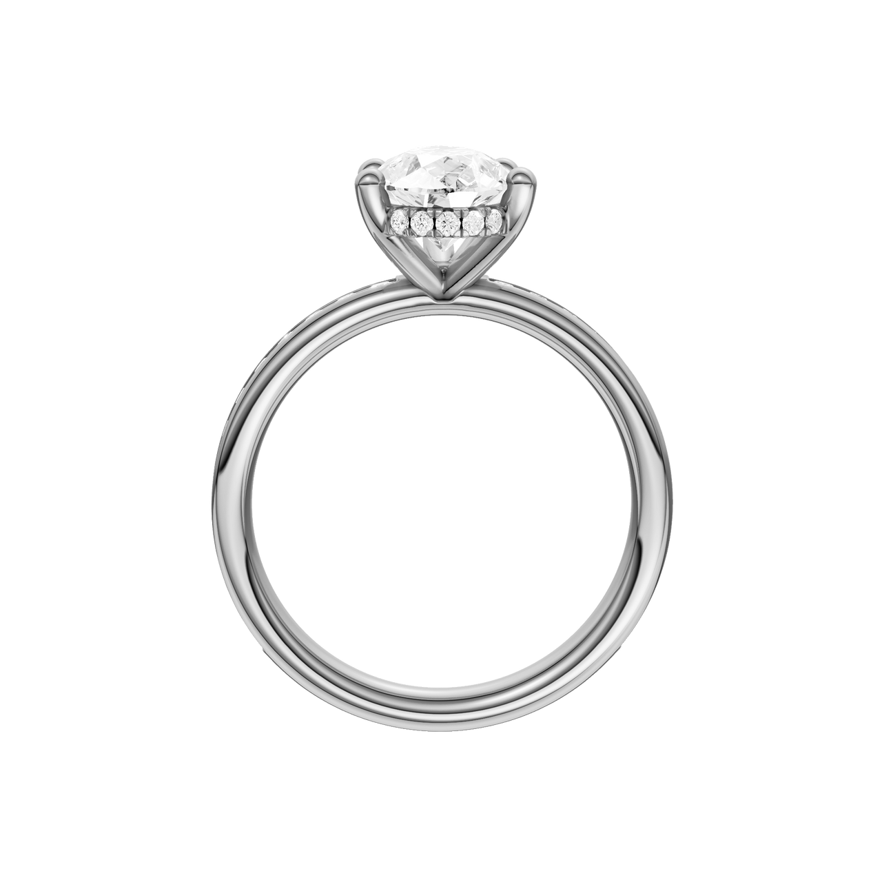 A profile view of the Pear cut diamond engagement ring in platinum with a diamond channel band and cathedral setting