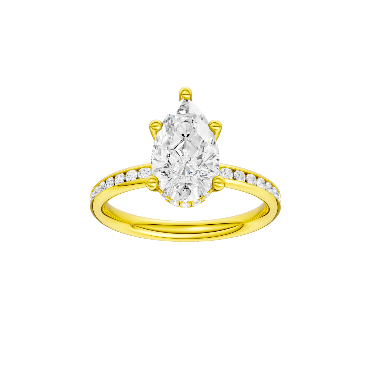 A front view of the Pear cut diamond engagement ring in 14k yellow gold with a diamond channel band and cathedral setting