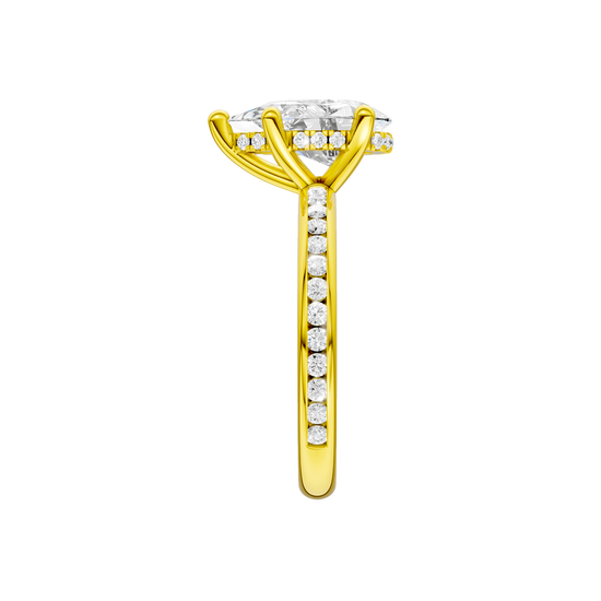 A side view of the Pear cut diamond engagement ring in 14k yellow gold with a diamond channel band and cathedral setting