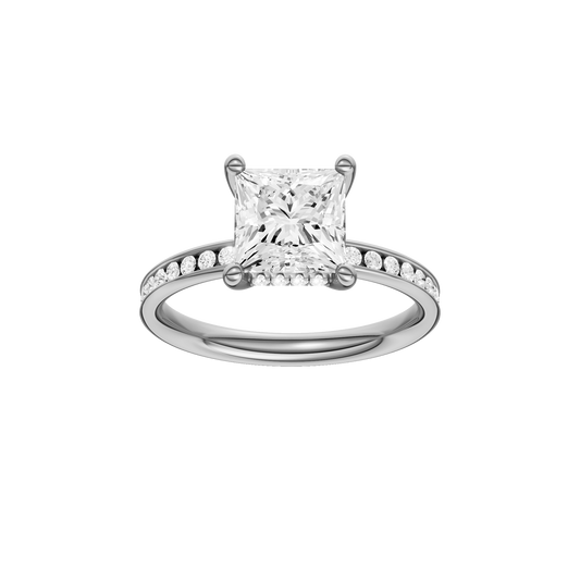 A front view of the Princess cut diamond engagement ring in 14k white gold with a diamond channel band and cathedral setting