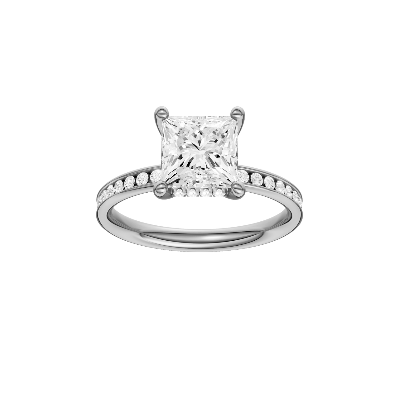 A front view of the Princess cut diamond engagement ring in platinum with a diamond channel band and cathedral setting