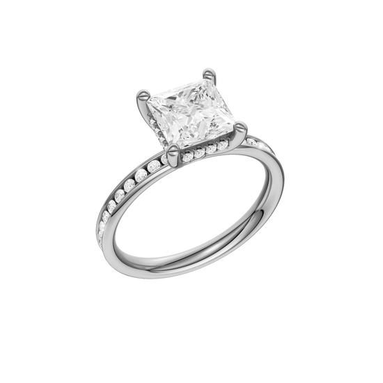 A three-quarter view of the Princess cut diamond engagement ring in platinum with a diamond channel band and cathedral setting