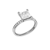 A three-quarter view of the Princess cut diamond engagement ring in 14k white gold with a diamond channel band and cathedral setting