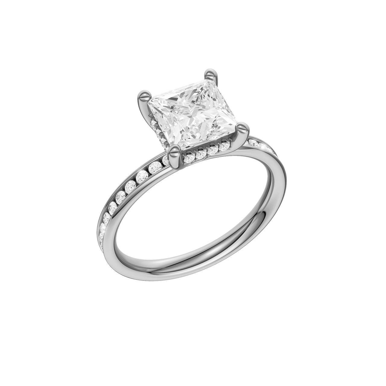 A three-quarter view of the Princess cut diamond engagement ring in 14k white gold with a diamond channel band and cathedral setting