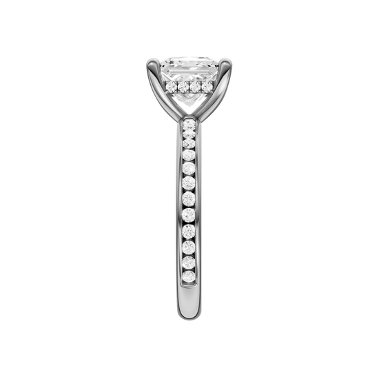 A side view of the Princess cut diamond engagement ring in platinum with a diamond channel band and cathedral setting