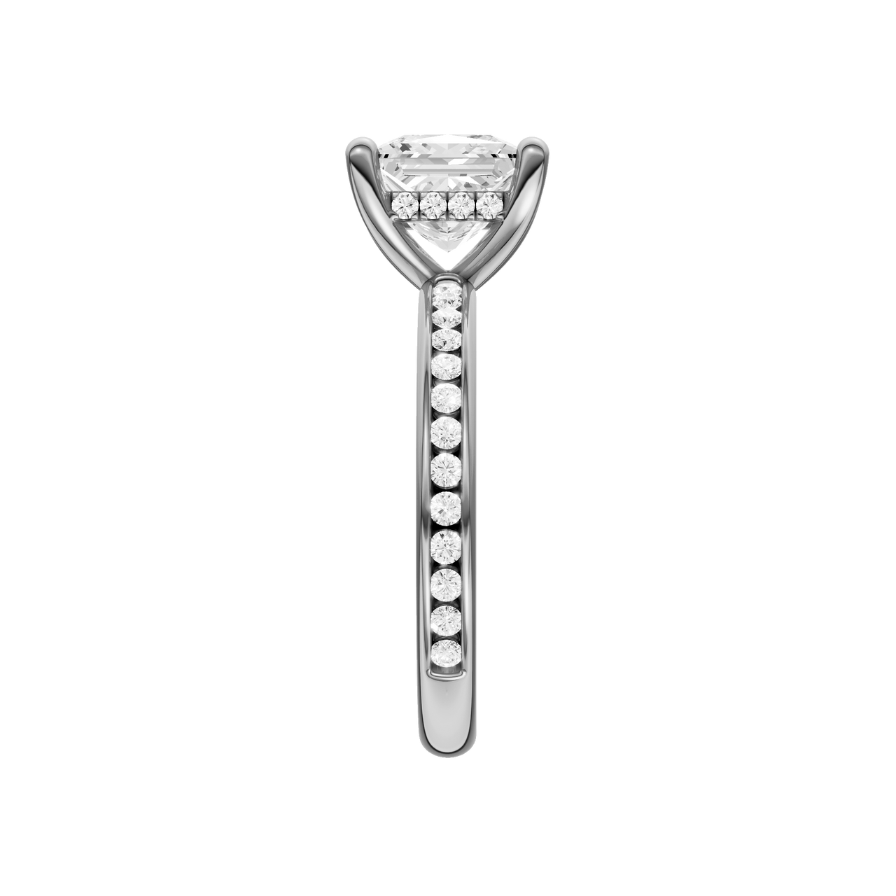 A side view of the Princess cut diamond engagement ring in platinum with a diamond channel band and cathedral setting