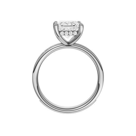 A profile view of the Princess cut diamond engagement ring in platinum with a diamond channel band and cathedral setting