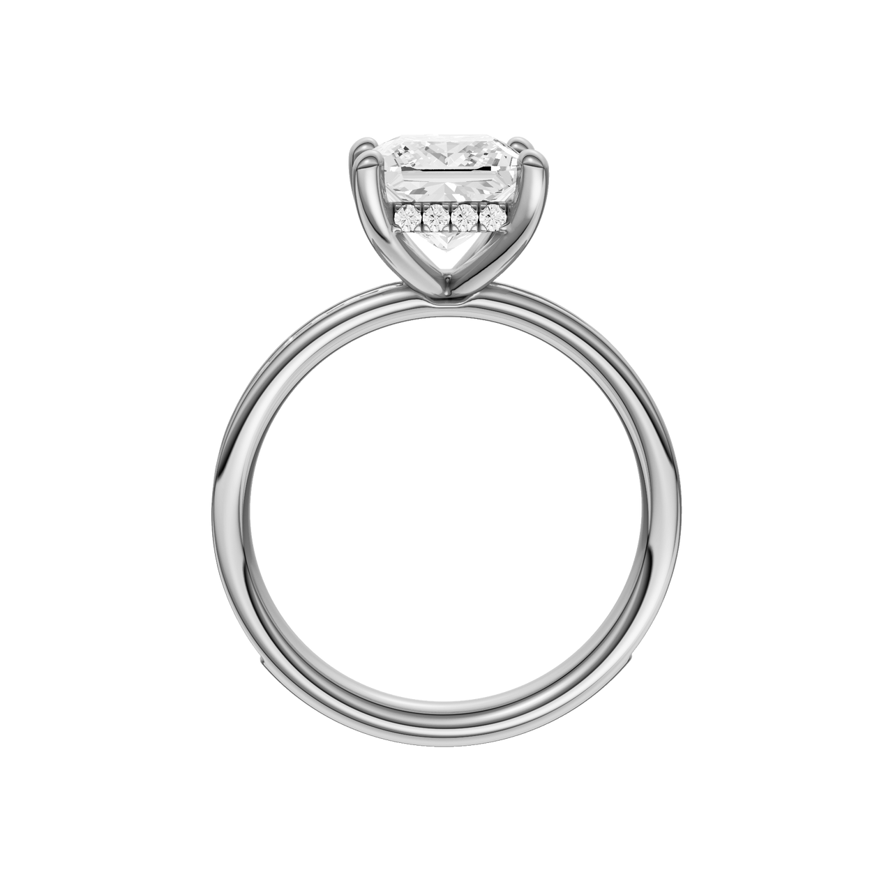 A profile view of the Princess cut diamond engagement ring in 14k white gold with a diamond channel band and cathedral setting