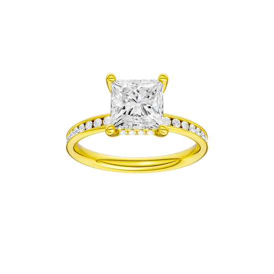 A front view of the Princess cut diamond engagement ring in 14k yellow gold with a diamond channel band and cathedral setting