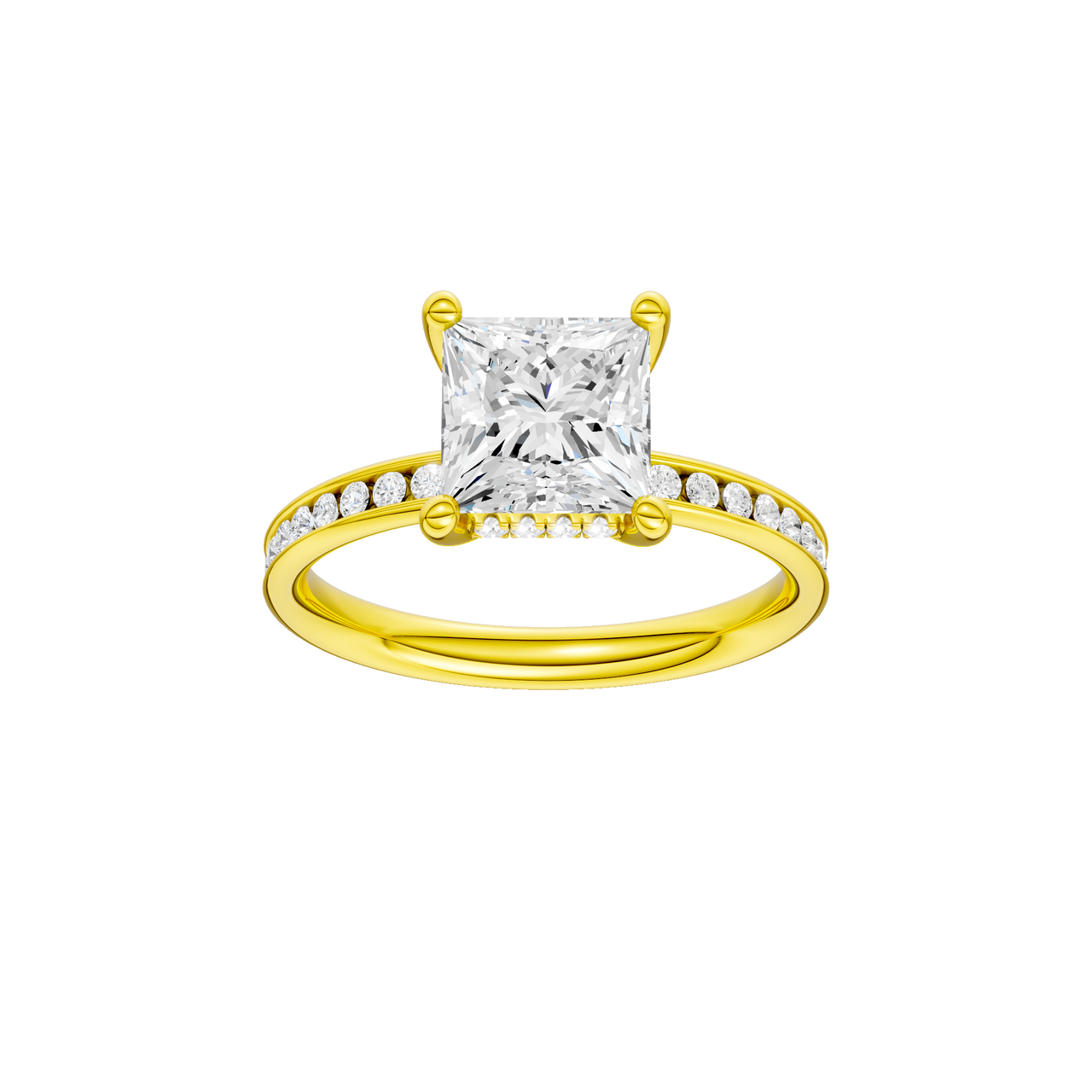 A front view of the Princess cut diamond engagement ring in 14k yellow gold with a diamond channel band and cathedral setting