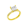 A three-quarter view of the Princess cut diamond engagement ring in 14k yellow gold with a diamond channel band and cathedral setting