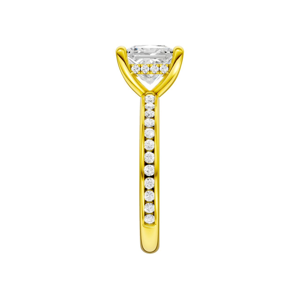 A side view of the Princess cut diamond engagement ring in 14k yellow gold with a diamond channel band and cathedral setting
