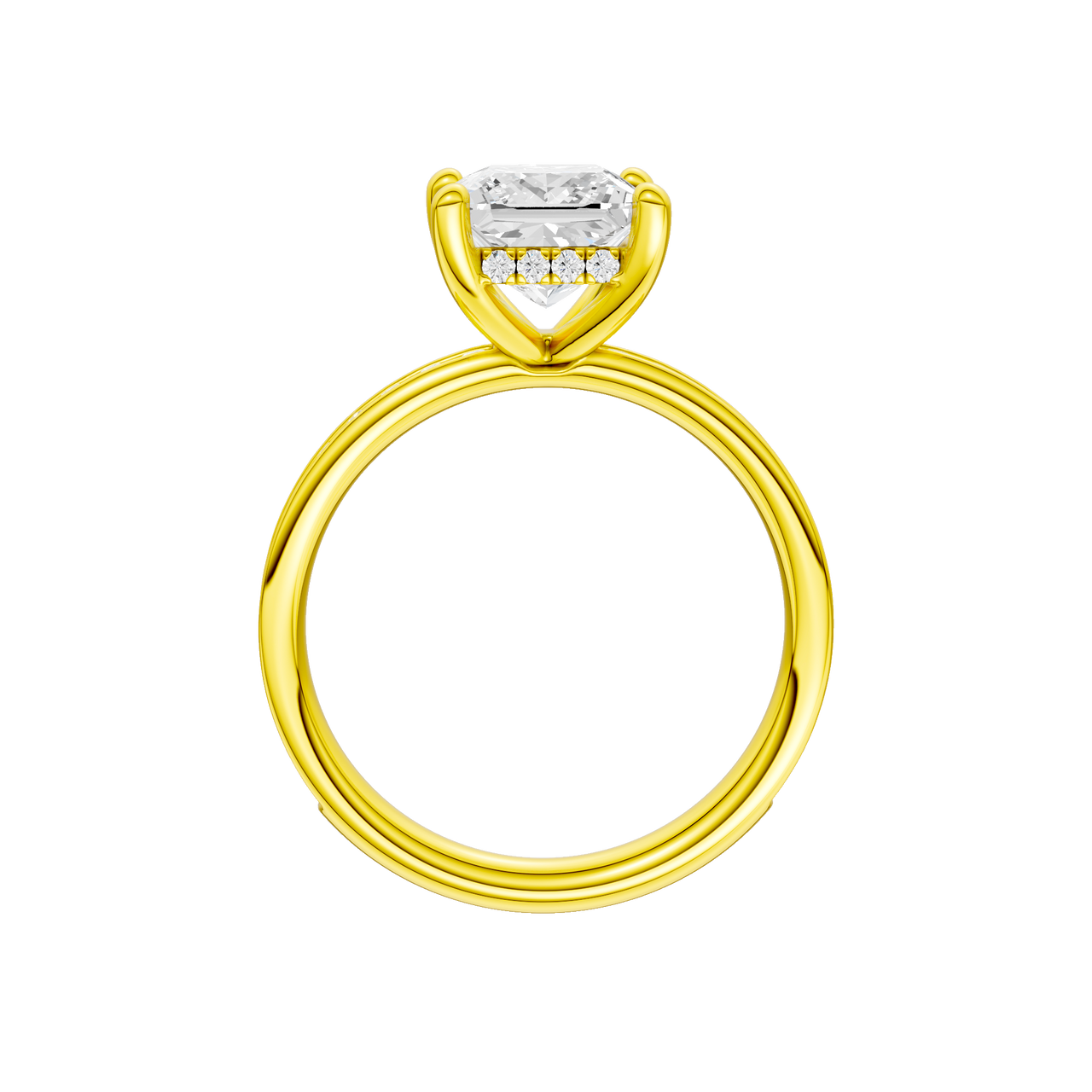 A profile view of the Princess cut diamond engagement ring in 14k yellow gold with a diamond channel band and cathedral setting