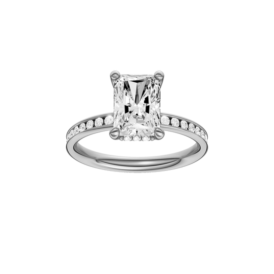 A front view of the Radiant cut diamond engagement ring in platinum with a diamond channel band and cathedral setting