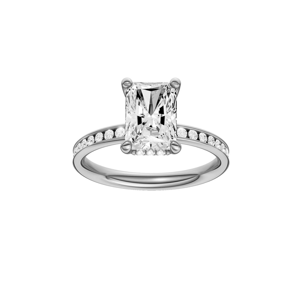 A front view of the Radiant cut diamond engagement ring in 14k white gold with a diamond channel band and cathedral setting