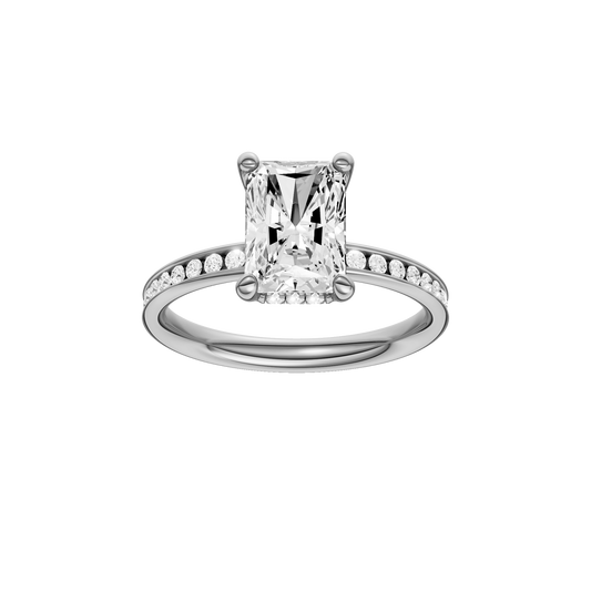 A front view of the Radiant cut diamond engagement ring in 14k white gold with a diamond channel band and cathedral setting