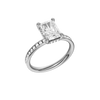 A three-quarter view of the Radiant cut diamond engagement ring in 14k white gold with a diamond channel band and cathedral setting