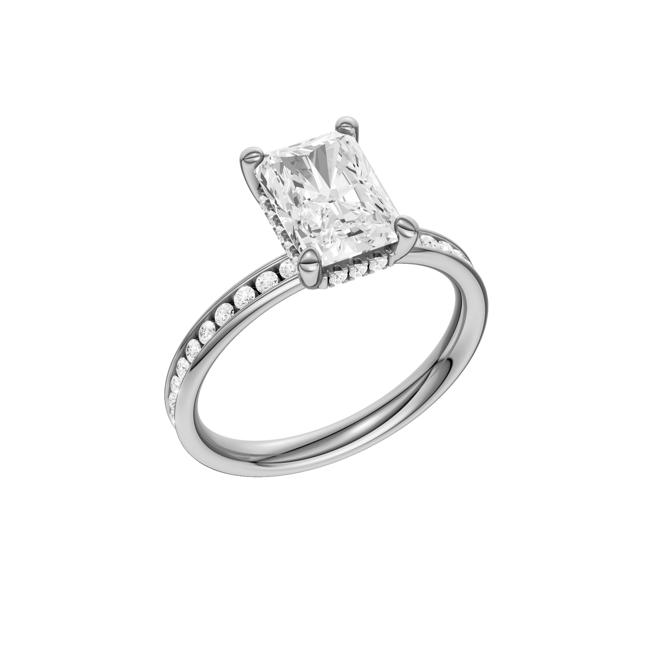 A three-quarter view of the Radiant cut diamond engagement ring in 14k white gold with a diamond channel band and cathedral setting