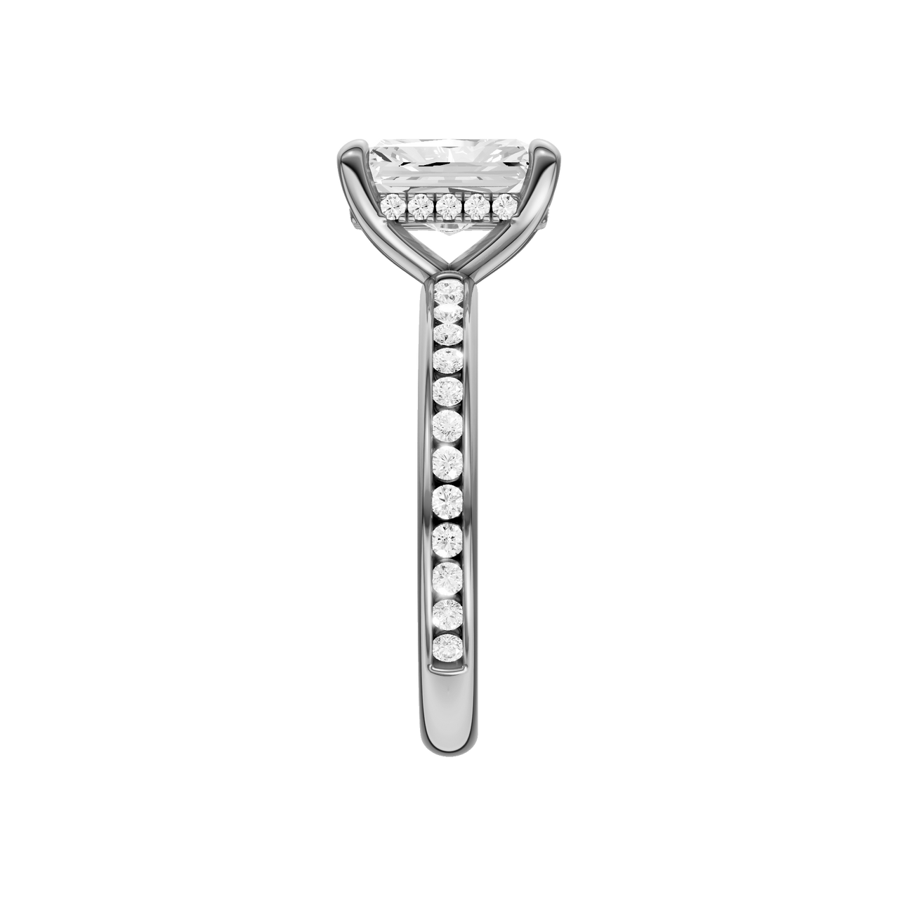 A side view of the Radiant cut diamond engagement ring in 14k white gold with a diamond channel band and cathedral setting