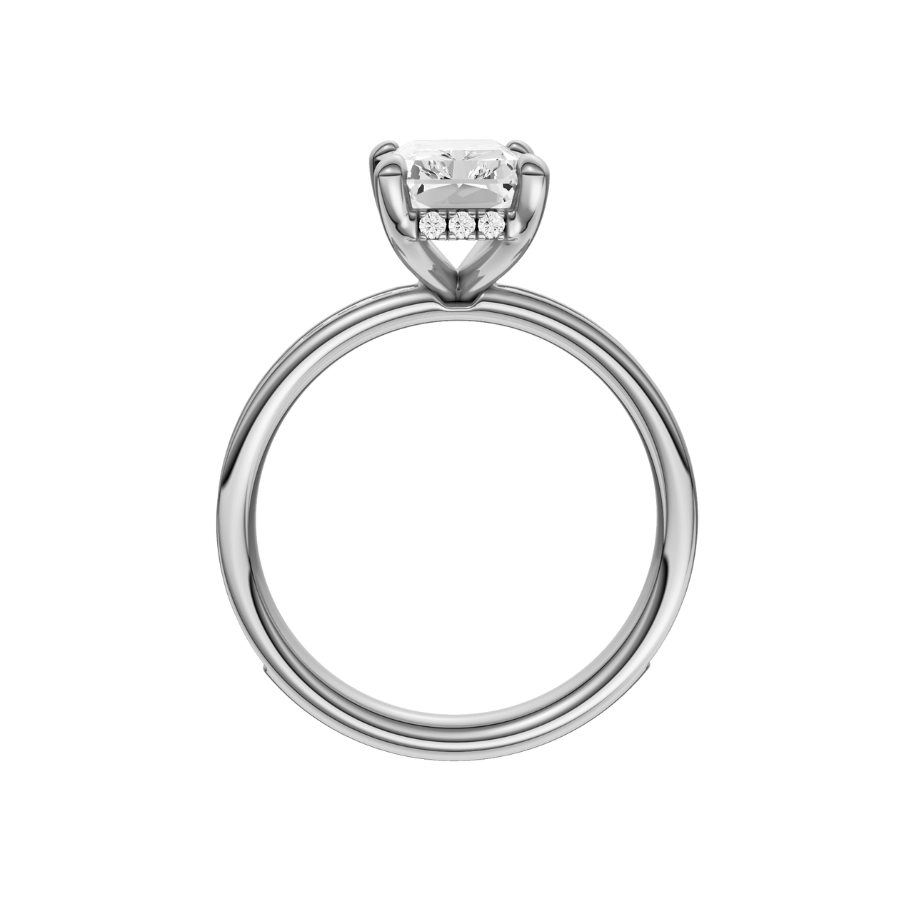 A profile view of the Radiant cut diamond engagement ring in platinum with a diamond channel band and cathedral setting