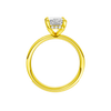 A profile view of the Radiant cut diamond engagement ring in 14k yellow gold with a diamond channel band and cathedral setting