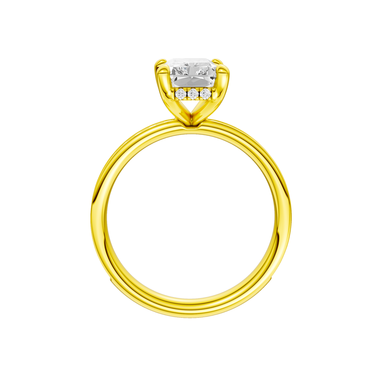 A profile view of the Radiant cut diamond engagement ring in 14k yellow gold with a diamond channel band and cathedral setting