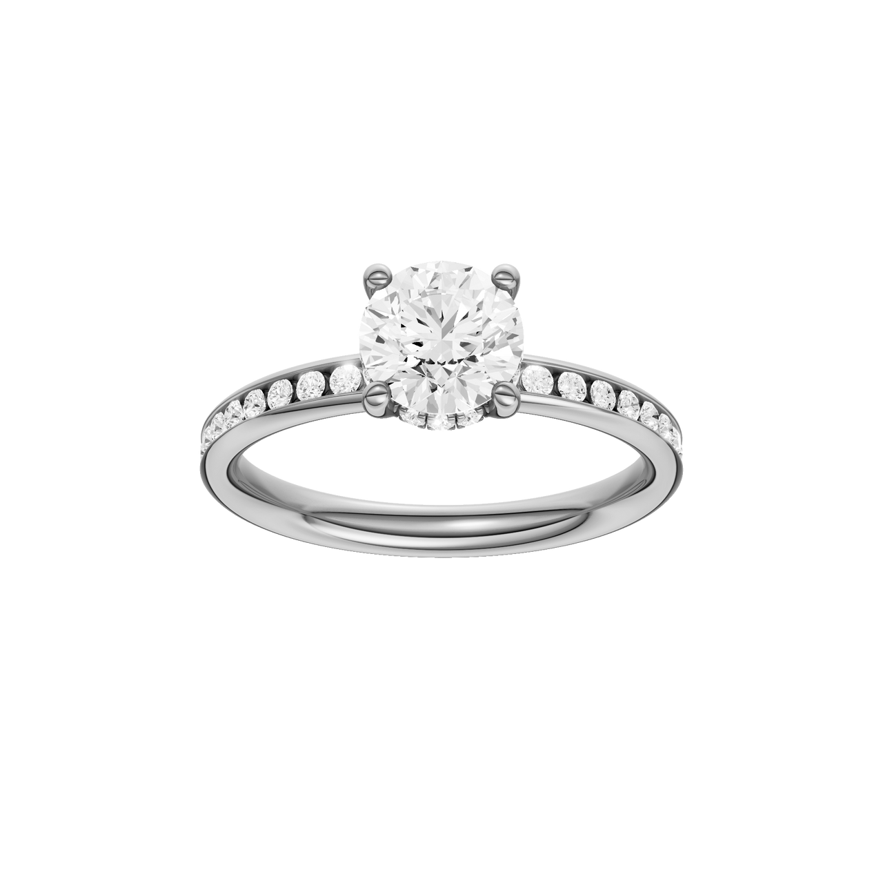 A front view of the Round cut diamond engagement ring in platinum with a diamond channel band and cathedral setting