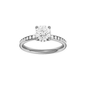 A front view of the Round cut diamond engagement ring in 14k white gold with a diamond channel band and cathedral setting