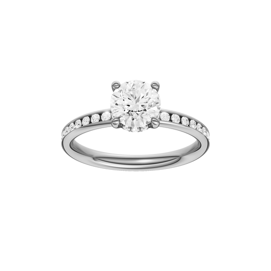 A front view of the Round cut diamond engagement ring in 14k white gold with a diamond channel band and cathedral setting