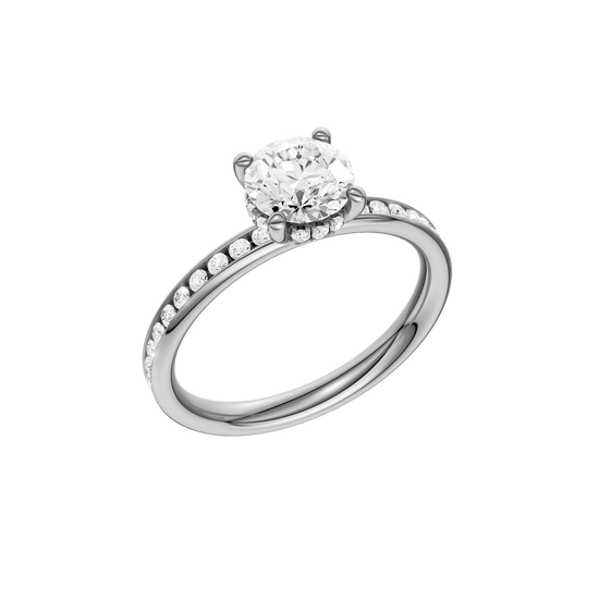 A three-quarter view of the Round cut diamond engagement ring in platinum with a diamond channel band and cathedral setting