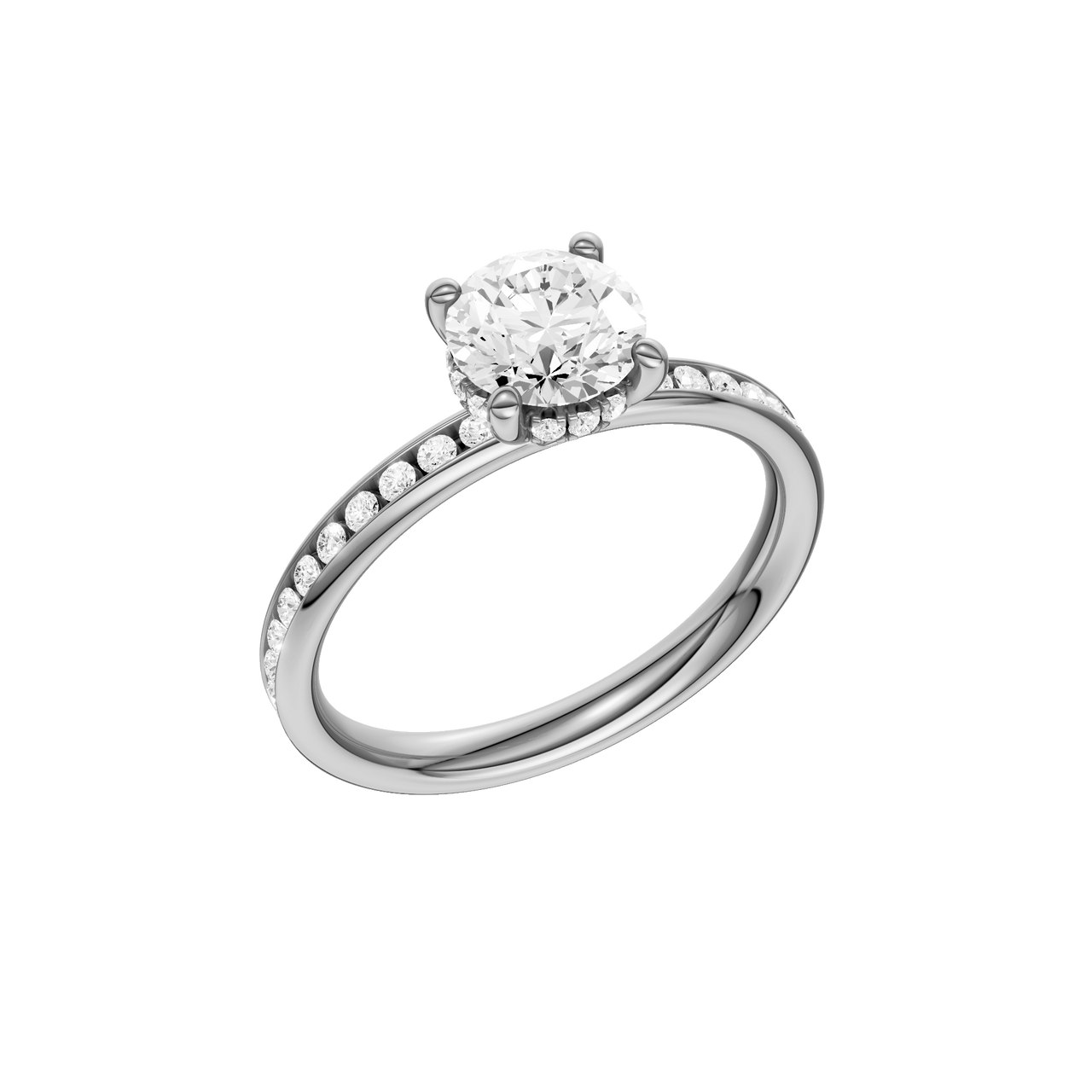 A three-quarter view of the Round cut diamond engagement ring in platinum with a diamond channel band and cathedral setting