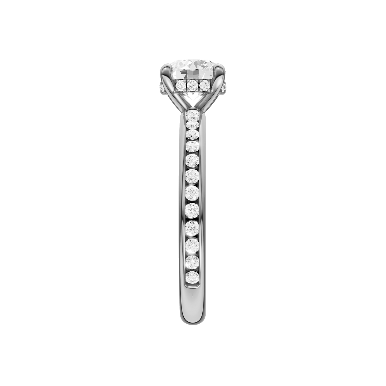 A side view of the Round cut diamond engagement ring in 14k white gold with a diamond channel band and cathedral setting
